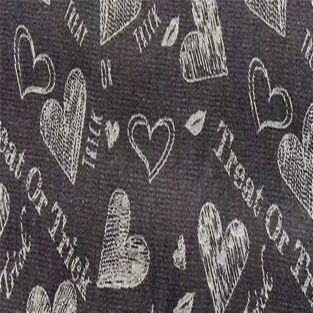 80% cotton, 20% polyester heart patterned jacquard denim fabric