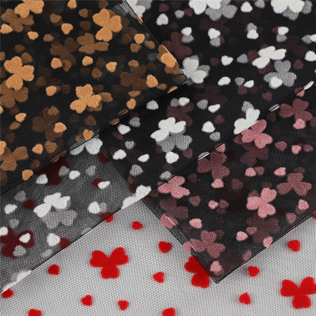 90% nylon and 10% spandex velvet red three petal flower heart mesh fabric