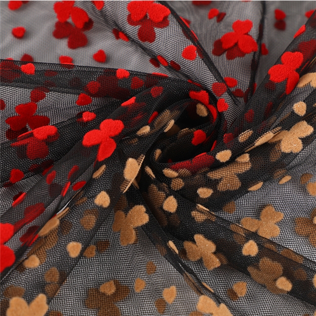 90% nylon and 10% spandex velvet red three petal flower heart mesh fabric