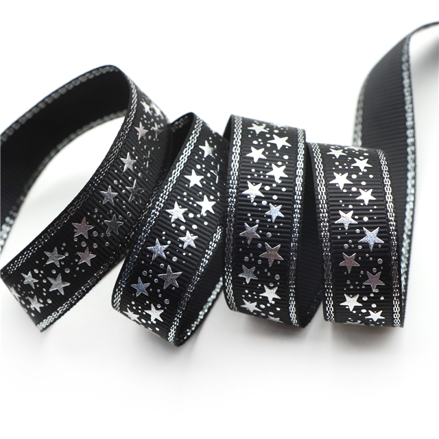 BLACK 5/8" 16mm silver grosgrain star silver ribbon