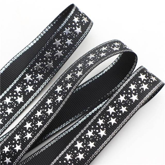 BLACK 5/8" 16mm silver grosgrain star silver ribbon