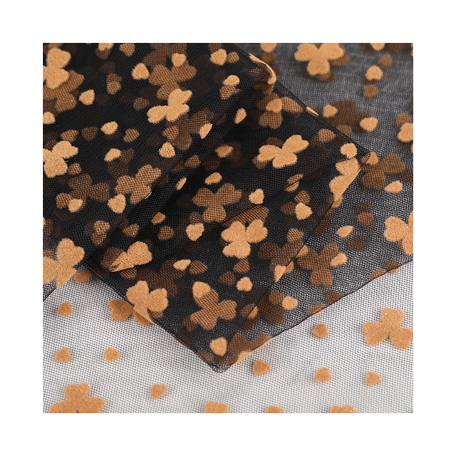 90% nylon and 10% spandex velvet red three petal flower heart mesh fabric