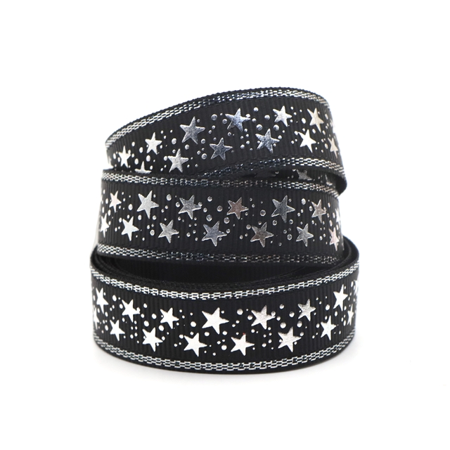 BLACK 5/8" 16mm silver grosgrain star silver ribbon