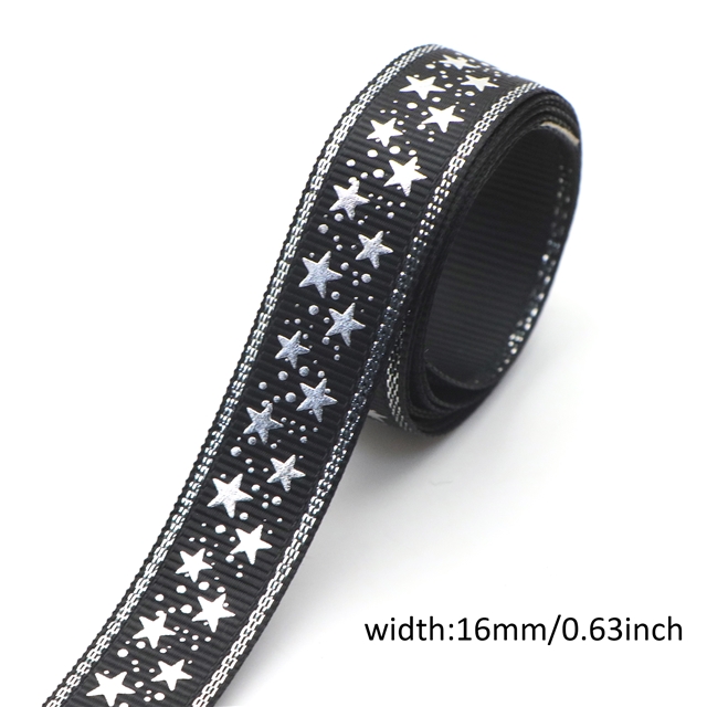 BLACK 5/8" 16mm silver grosgrain star silver ribbon