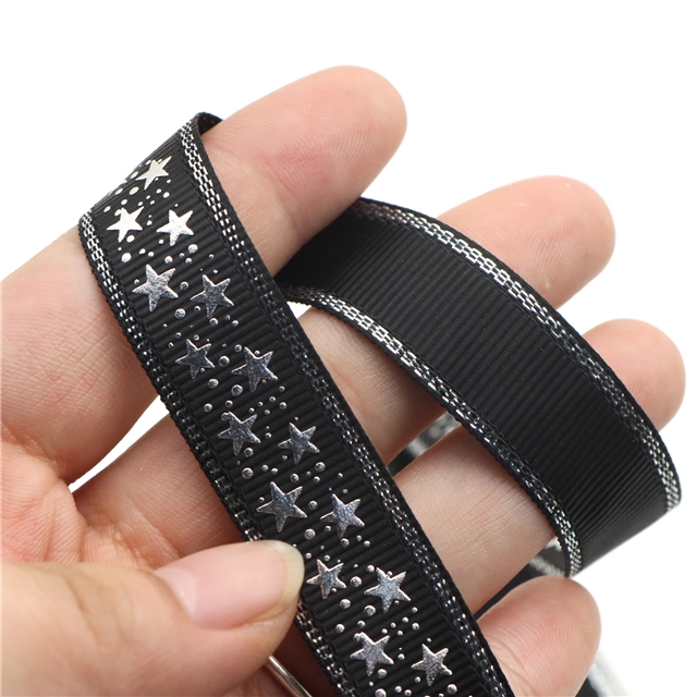 BLACK 5/8" 16mm silver grosgrain star silver ribbon