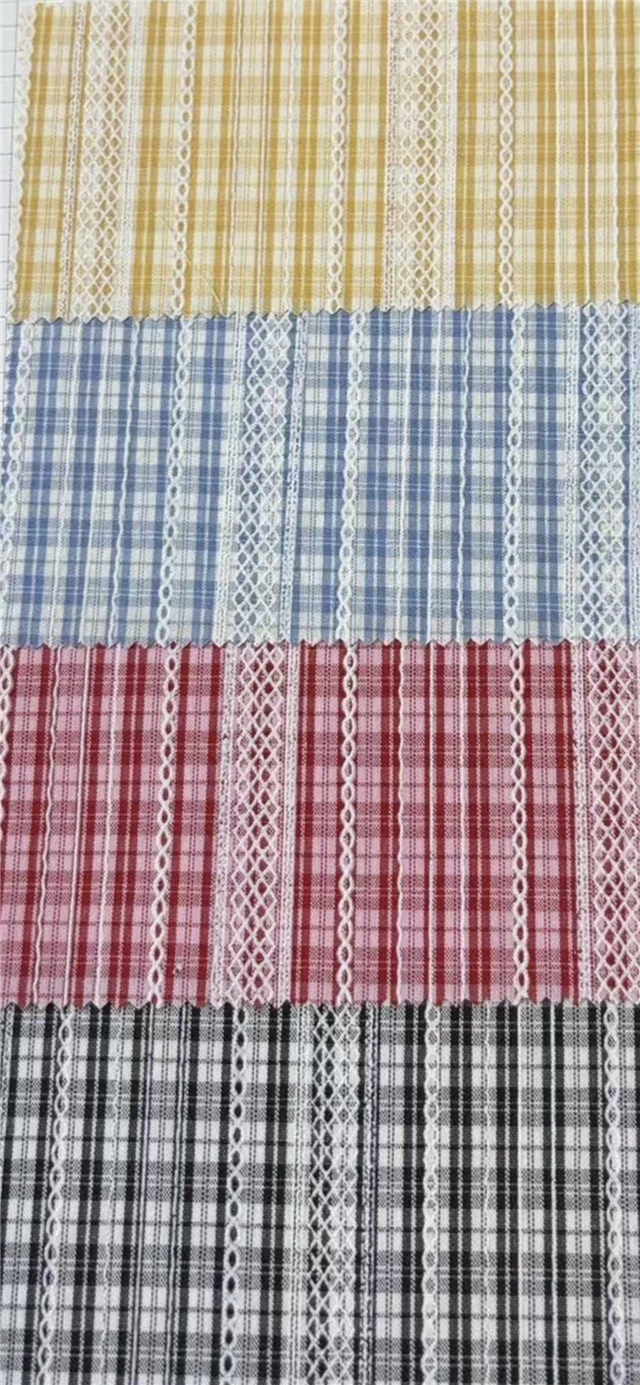 polyester cotton offset printed plaid fried dough twists striped yarn dyed fabric