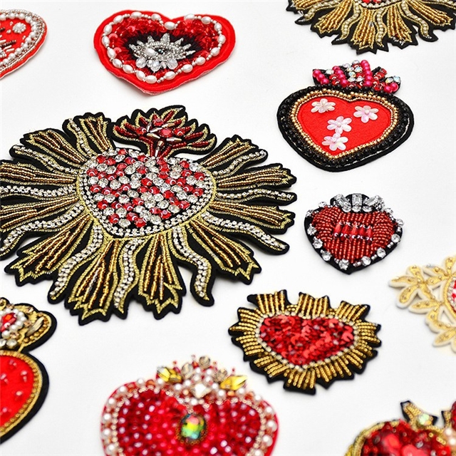 handmade bead embroidery red heart-shaped cloth sticker