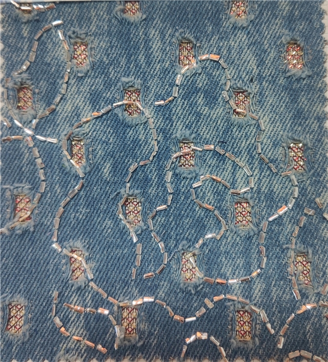 silver sequin embroidery with messy mesh composite color bright silk perforated denim fabric