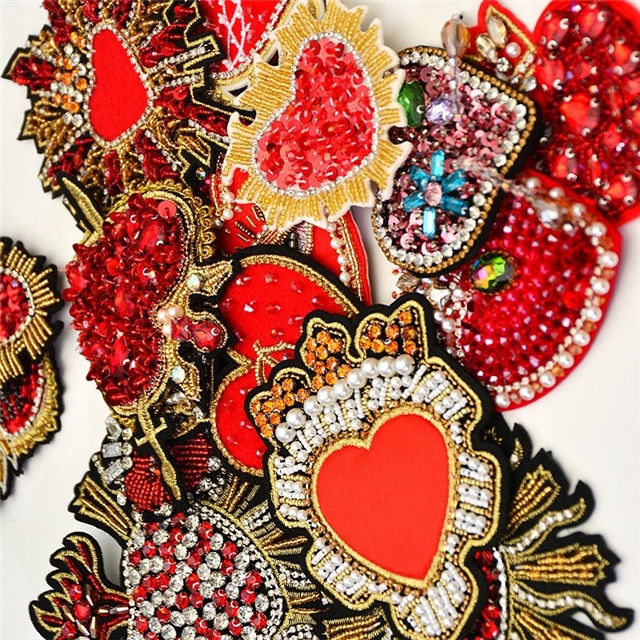 handmade bead embroidery red heart-shaped cloth sticker