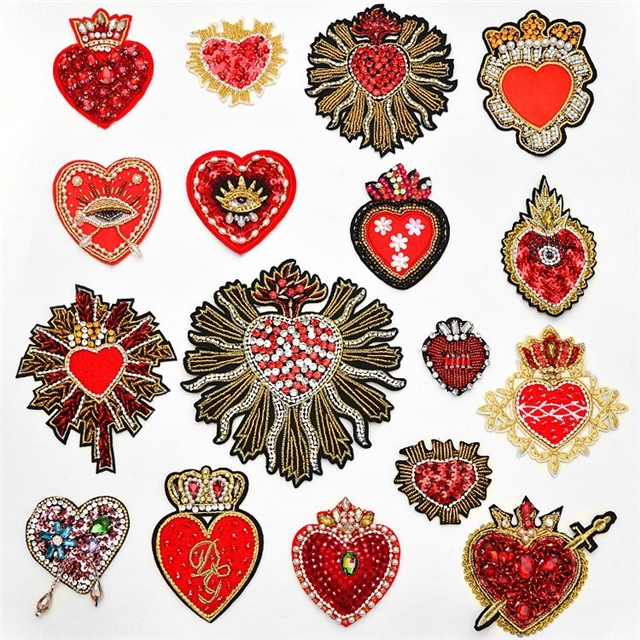 handmade bead embroidery red heart-shaped cloth sticker