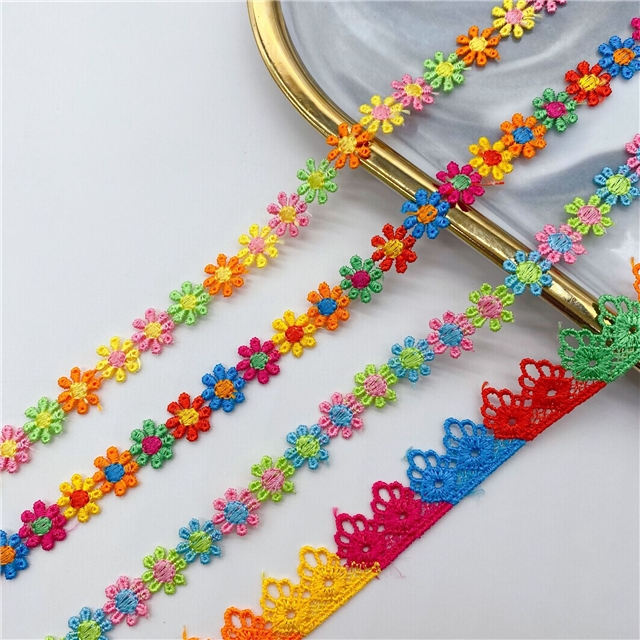 colorful daisy embroidery with water-soluble lace