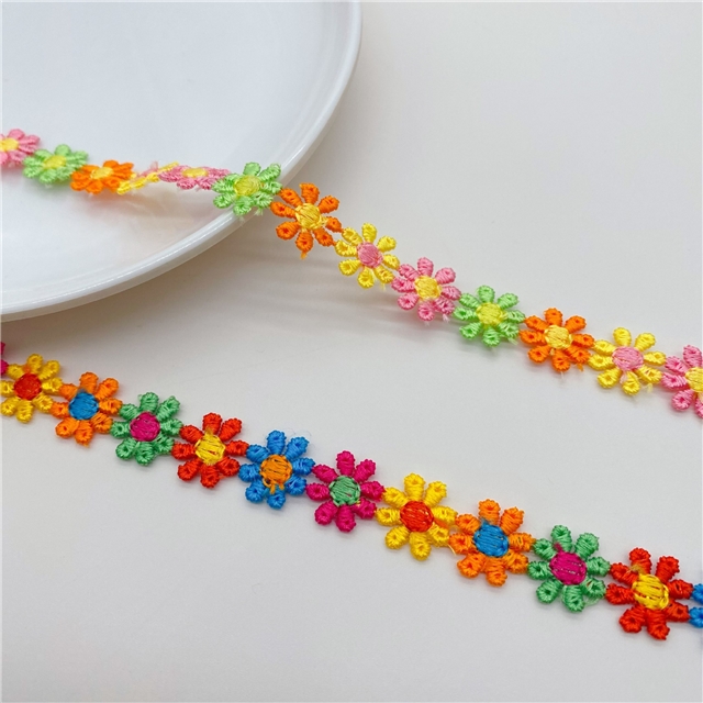 colorful daisy embroidery with water-soluble lace