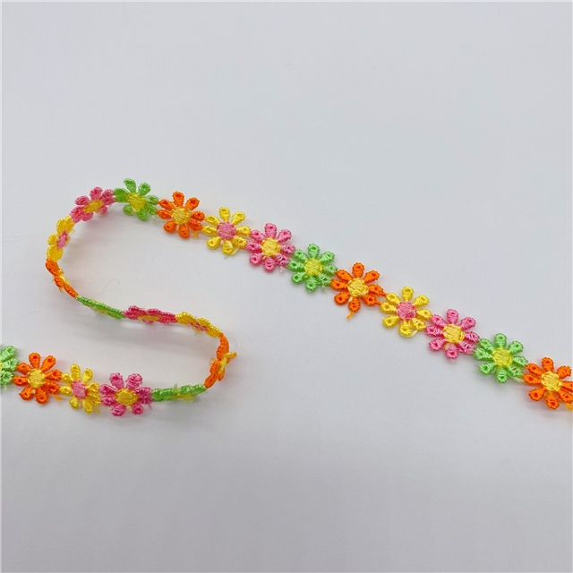 colorful daisy embroidery with water-soluble lace