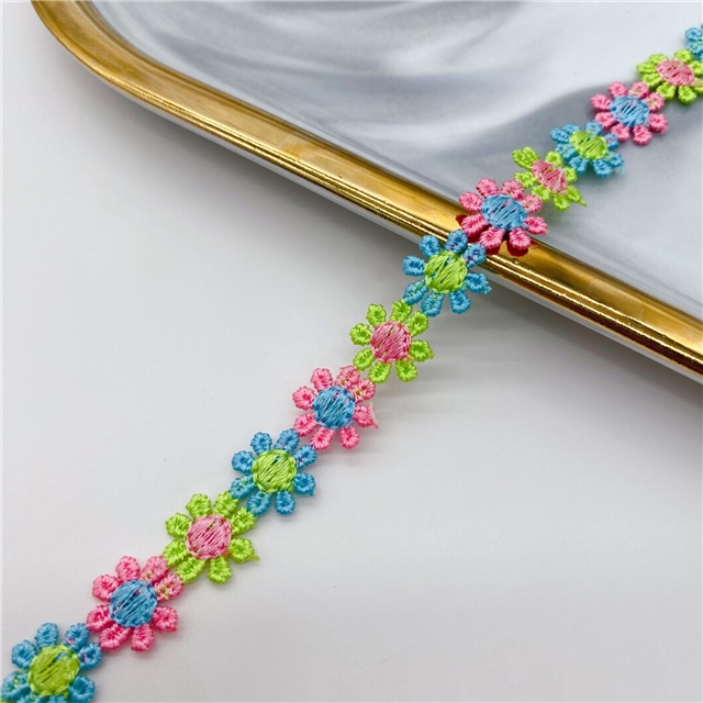 colorful daisy embroidery with water-soluble lace