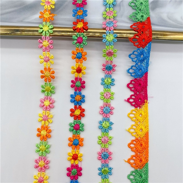 colorful daisy embroidery with water-soluble lace