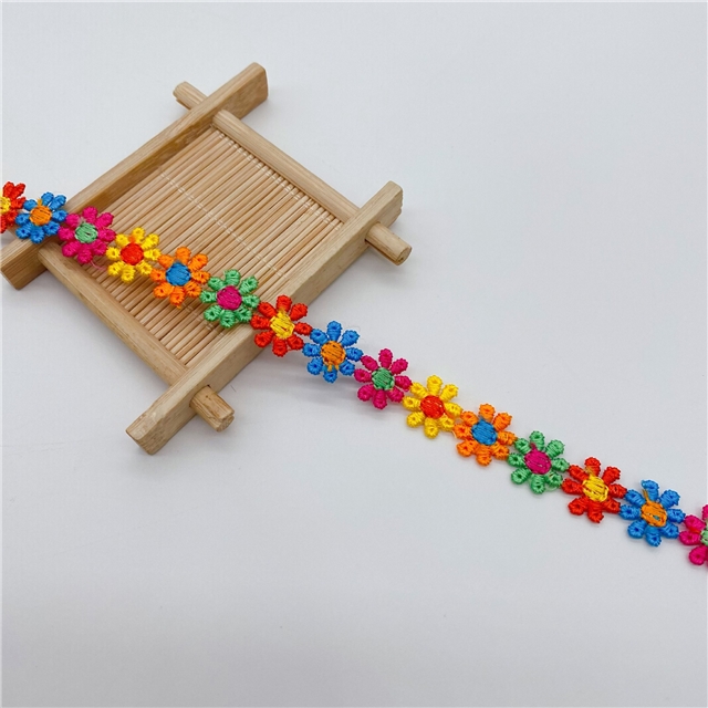 colorful daisy embroidery with water-soluble lace