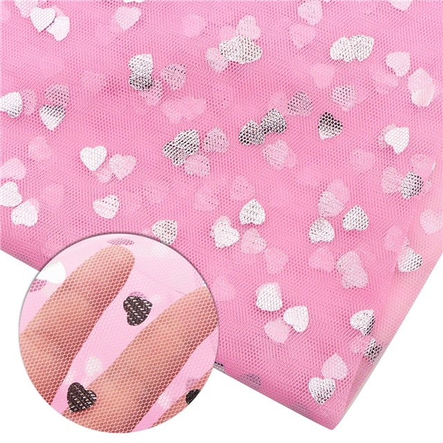 100% polyester silver hot stamping heart mesh fabric