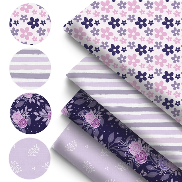 polyester cotton purple striped flower series polyester cotton fabric set (4 pcs/set)