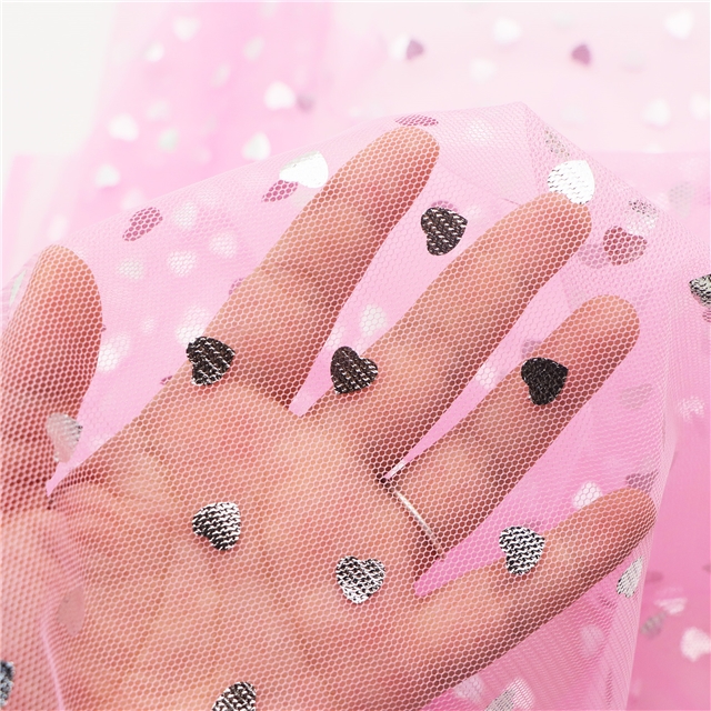 100% polyester silver hot stamping heart mesh fabric