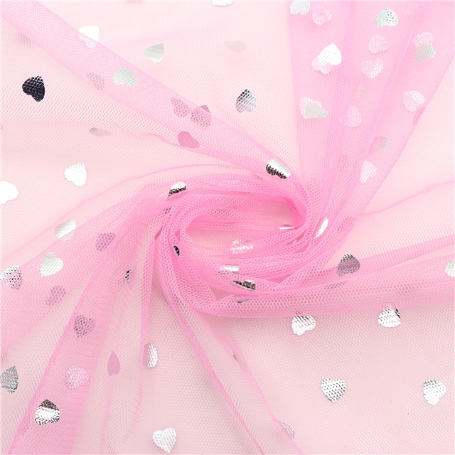 100% polyester silver hot stamping heart mesh fabric