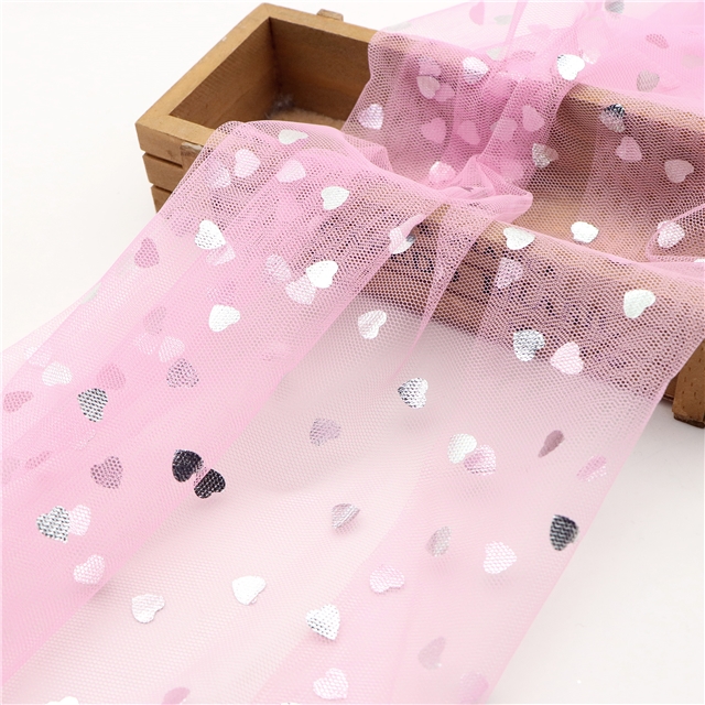 100% polyester silver hot stamping heart mesh fabric