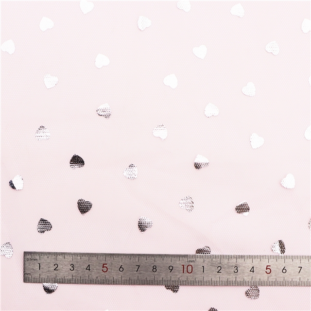 100% polyester silver hot stamping heart mesh fabric