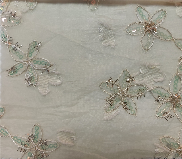 gold and silver silk sequin embroidery flower cutting organza fabric