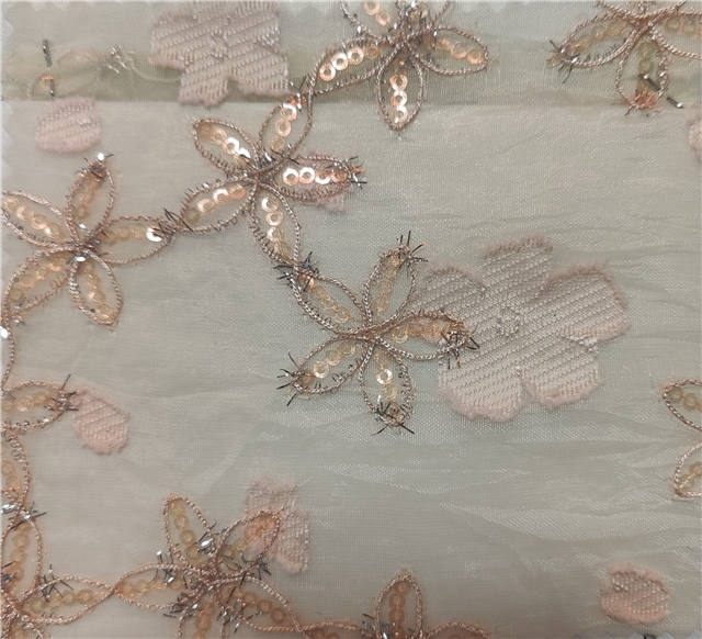 gold and silver silk sequin embroidery flower cutting organza fabric