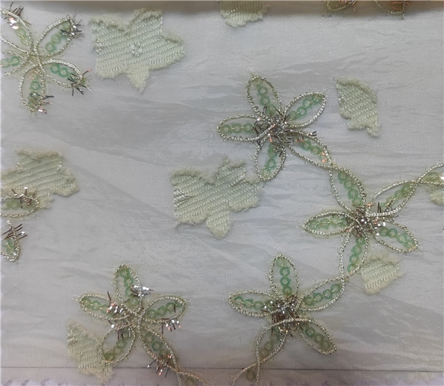 gold and silver silk sequin embroidery flower cutting organza fabric