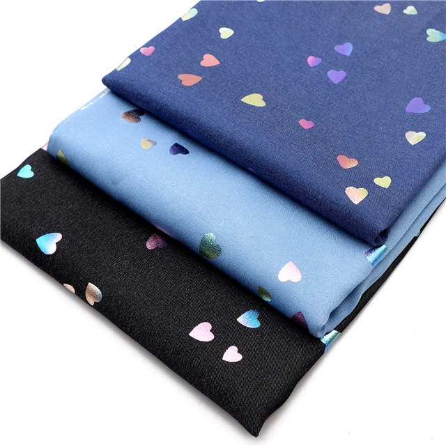 Rainbow Foil Heart Shaped Denim Color Polyester Fabric