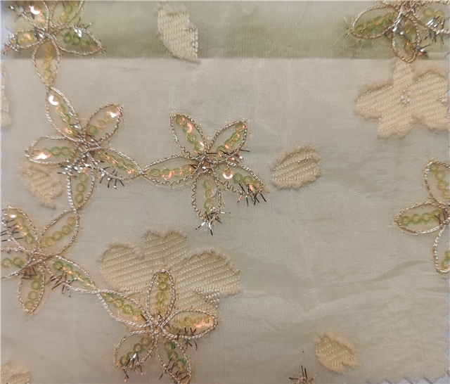 gold and silver silk sequin embroidery flower cutting organza fabric