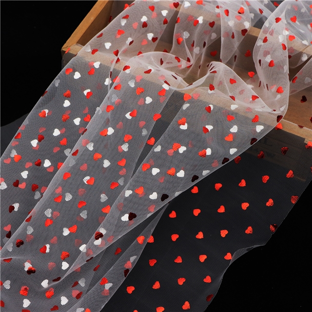 100% nylon red hot stamping heart mesh fabric