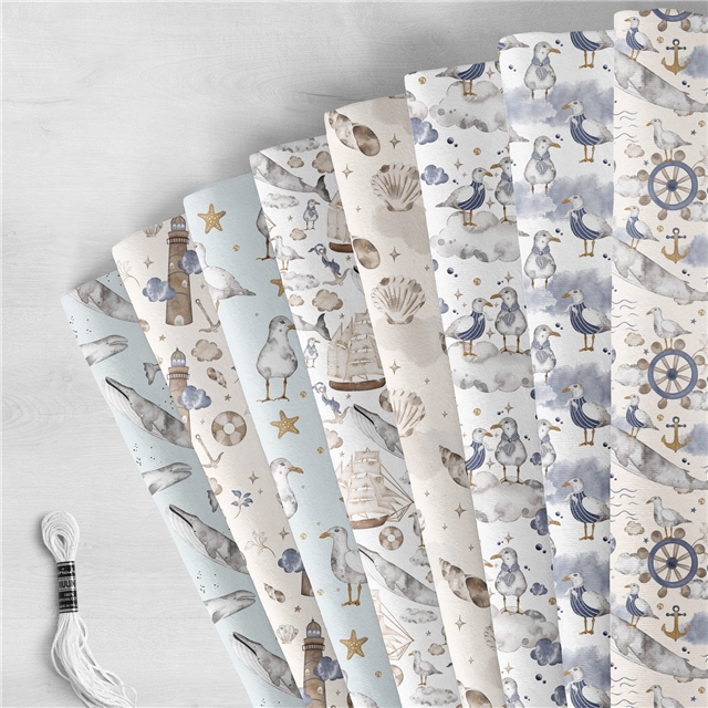 polyester cotton seagull whale lighthouse series polyester cotton fabric set (8 pcs/set)