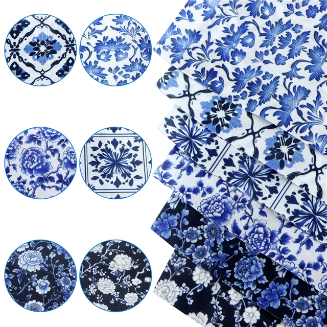 polyester cotton blue and white ceramic series polyester cotton fabric set (6 pcs/set)