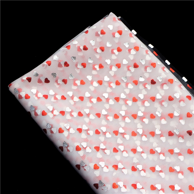 100% nylon red hot stamping heart mesh fabric