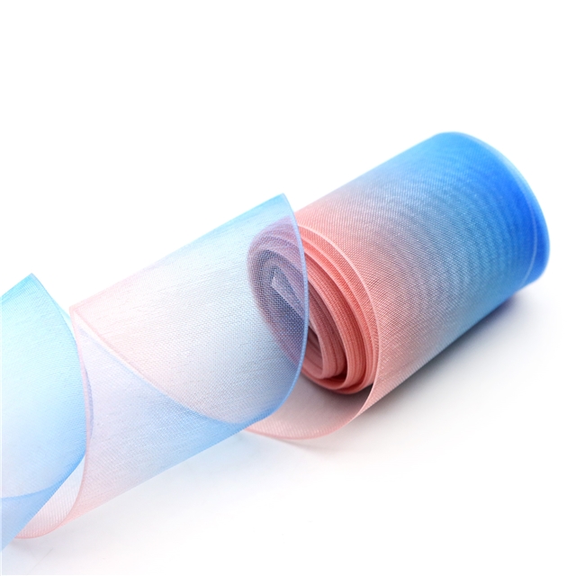 1.5" 38mm double side&heat transfer organza Gradient color organza ribbon blue&pink,5yard