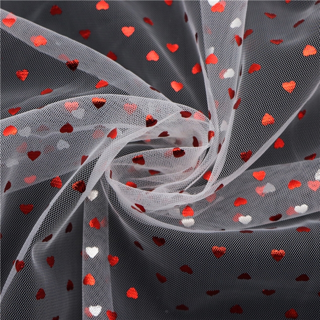 100% nylon red hot stamping heart mesh fabric