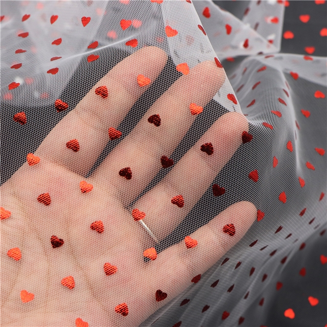 100% nylon red hot stamping heart mesh fabric