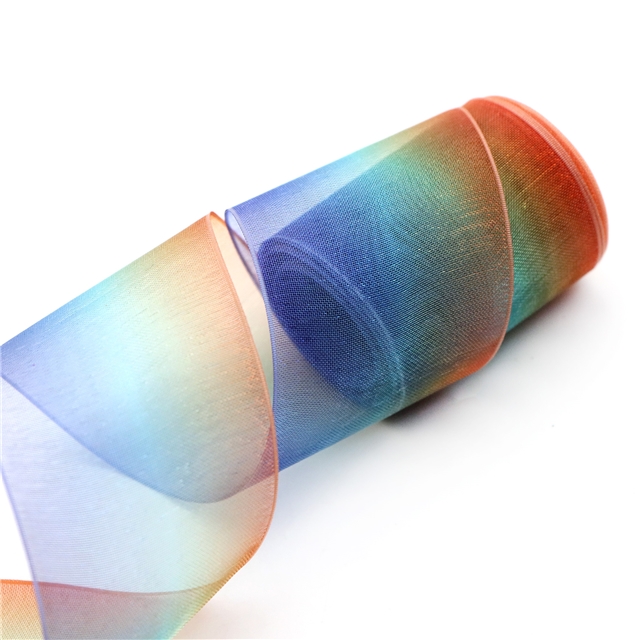 1.5" 38mm double side&heat transfer organza Gradient color organza ribbon golden&purple,5yard