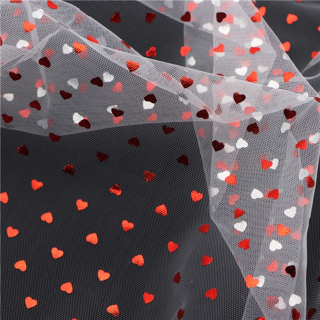 100% nylon red hot stamping heart mesh fabric