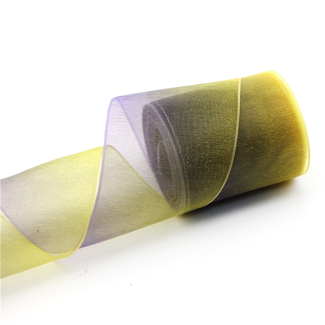 1.5" 38mm double side&heat transfer organza Gradient color organza ribbon yellow&purple,5yard