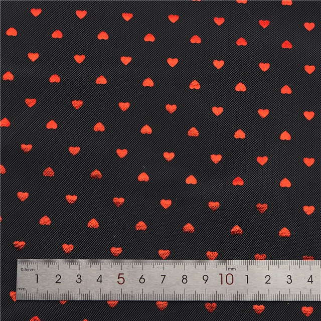 100% nylon red hot stamping heart mesh fabric