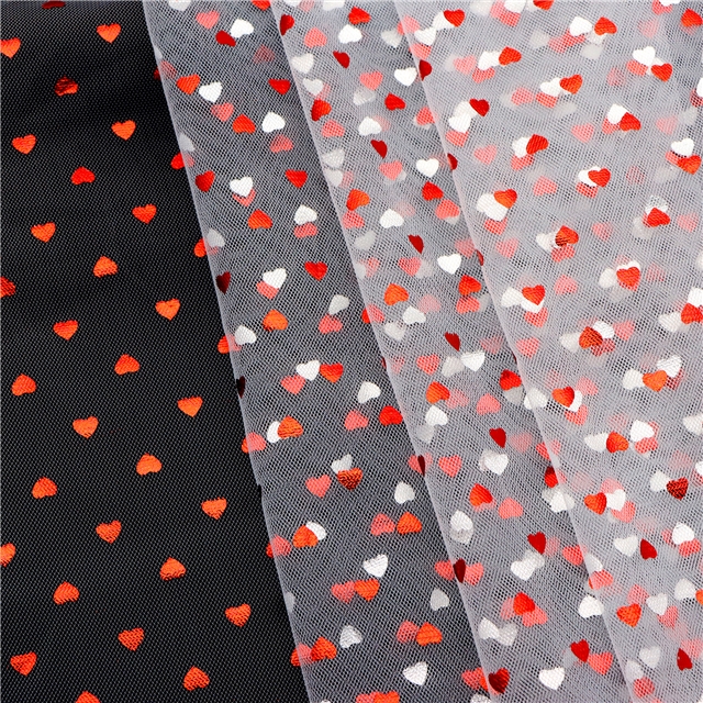100% nylon red hot stamping heart mesh fabric