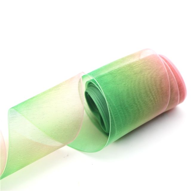 1.5" 38mm double side&heat transfer organza Gradient color organza ribbon dark green&pink,5yard