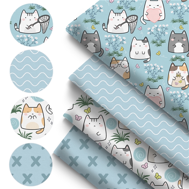 polyester cotton geometric cat series polyester cotton fabric set (4 pcs/set)