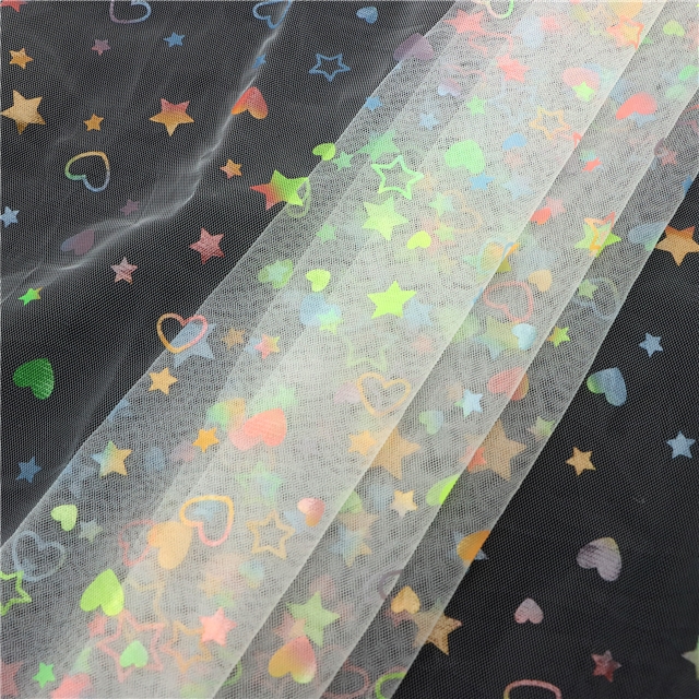 95% polyester 5% spandex fluorescent heart star mesh fabric light yellow,50*150cm(19.7*59.1