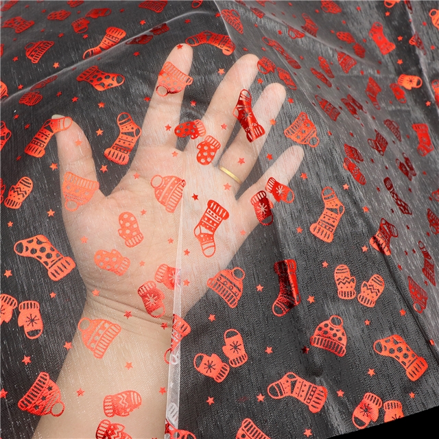 90% synthetic fiber, 10% others christmas stockings red hot stamping organza fabric