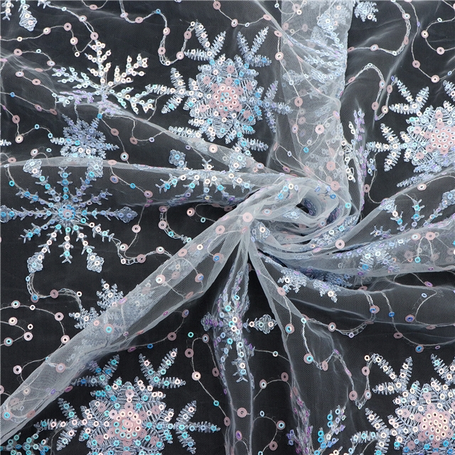 blue snowflake sequin mesh embroidered fabric