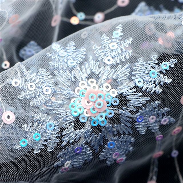 blue snowflake sequin mesh embroidered fabric