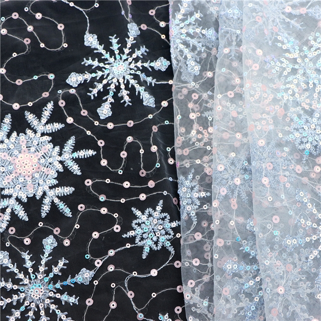blue snowflake sequin mesh embroidered fabric